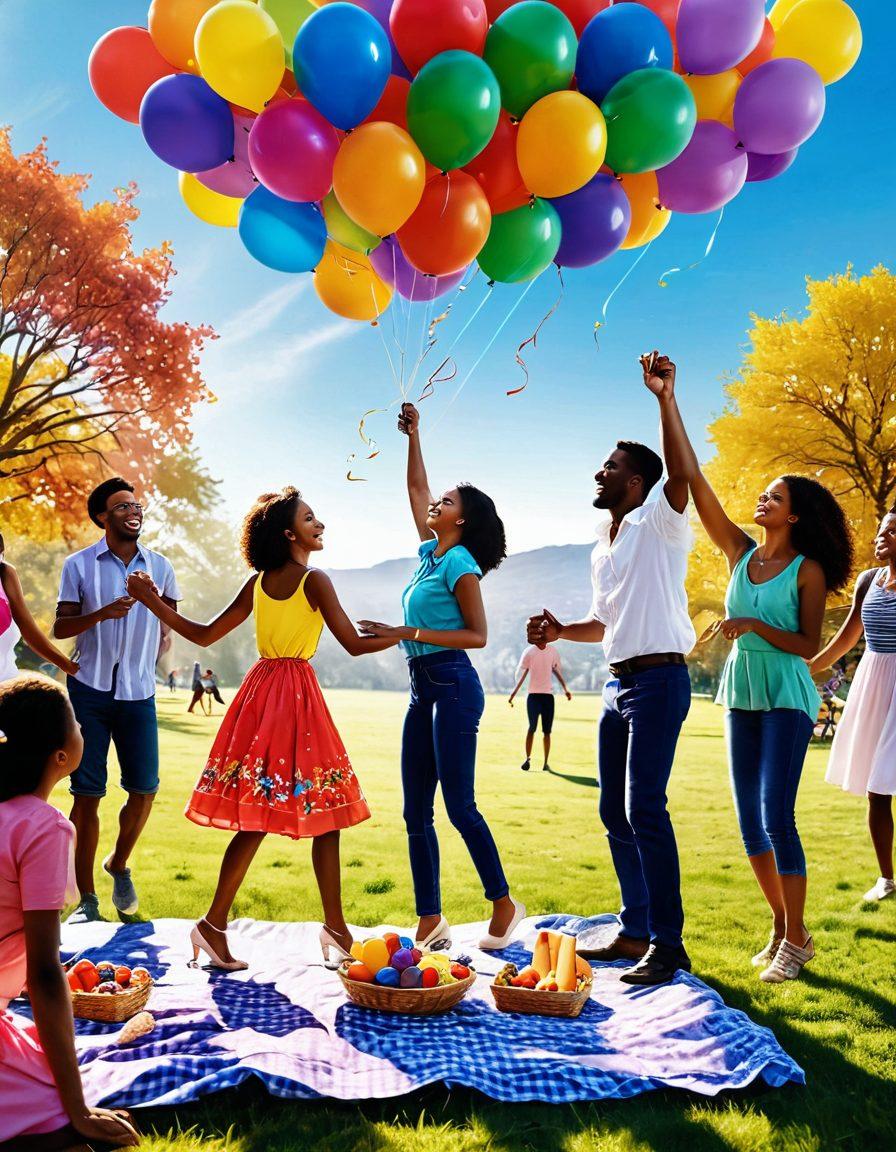 A vibrant celebration scene featuring a diverse group of people joyfully engaging in various cheerful events like picnics, dance, and festive gatherings. Bright balloons and colorful decorations fill the background, symbolizing happiness and togetherness, while a sunny sky enhances the cheerful atmosphere. Use lively colors and a sense of movement to convey joy. super-realistic. vibrant colors. festive atmosphere.