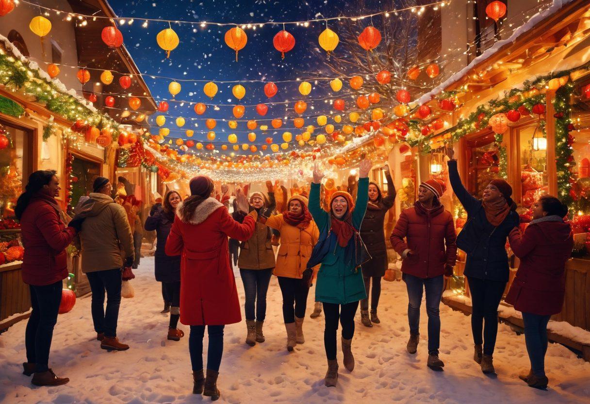 A vibrant celebration scene showcasing a diverse group of people expressing elation and gratitude during various festivities throughout the year. Colorful decorations, lanterns, and seasonal elements like flowers and snowflakes integrated into the background. Emphasize joy and community with warm smiles and open arms. Capture bright, cheerful colors and dynamic interactions. super-realistic. vibrant colors. festive atmosphere.