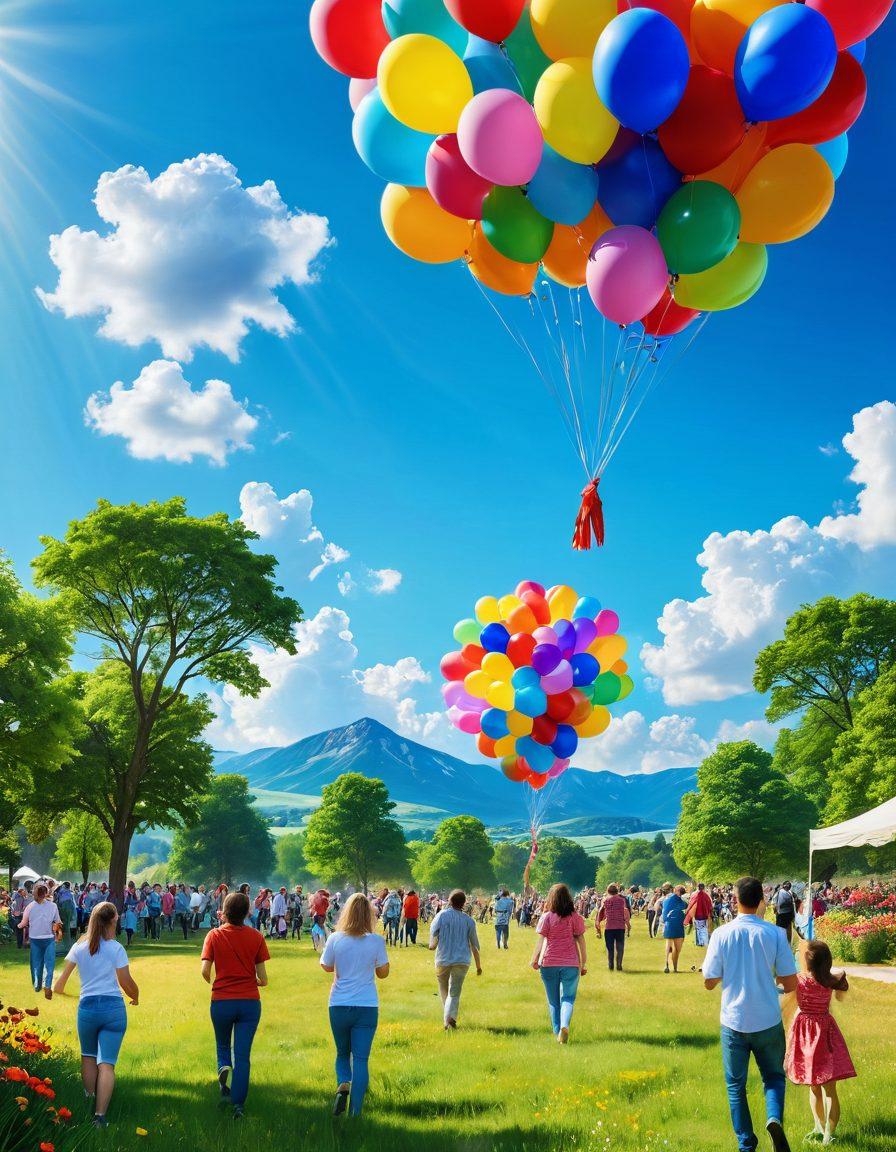 A vibrant, sunlit landscape filled with blooming flowers and lush greenery, showcasing a diverse group of people joyfully celebrating various events like festivals, picnics, and outdoor activities. Include colorful balloons and banners in the background, symbolizing optimism and togetherness. The sky is bright blue with fluffy clouds, radiating a sense of happiness and adventure. super-realistic. vibrant colors. 3D.